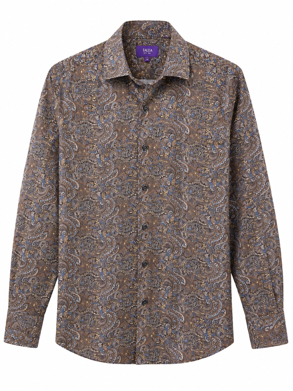TALLIA Brown Paisley Print Long-Sleeve Dress Shirt with Blue Accents size Medium